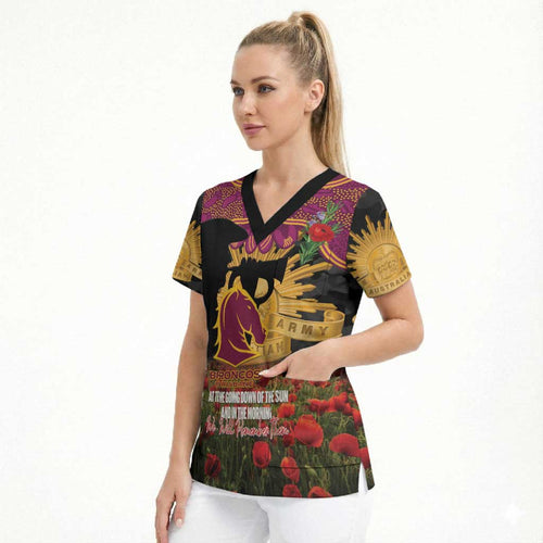 Personalised Brisbane Broncos Rugby ANZAC Day Scrub Top Last Post Poppy We Will Remember Them