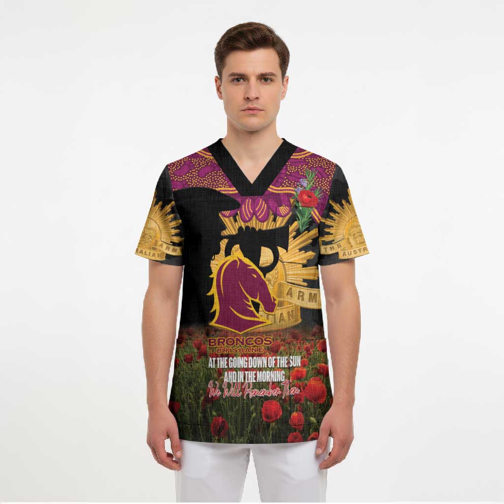 Personalised Brisbane Broncos Rugby ANZAC Day Scrub Top Last Post Poppy We Will Remember Them