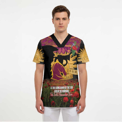 Personalised Brisbane Broncos Rugby ANZAC Day Scrub Top Last Post Poppy We Will Remember Them