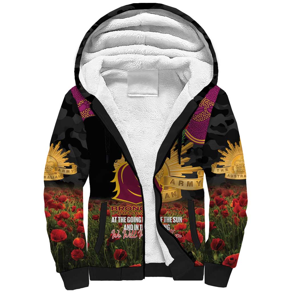 Personalised Brisbane Broncos Rugby ANZAC Day Sherpa Hoodie Last Post Poppy We Will Remember Them