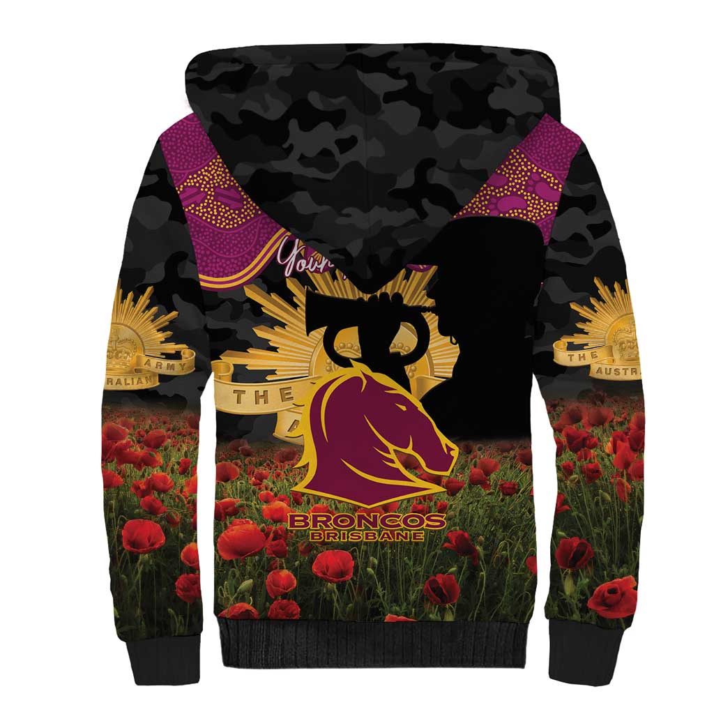 Personalised Brisbane Broncos Rugby ANZAC Day Sherpa Hoodie Last Post Poppy We Will Remember Them