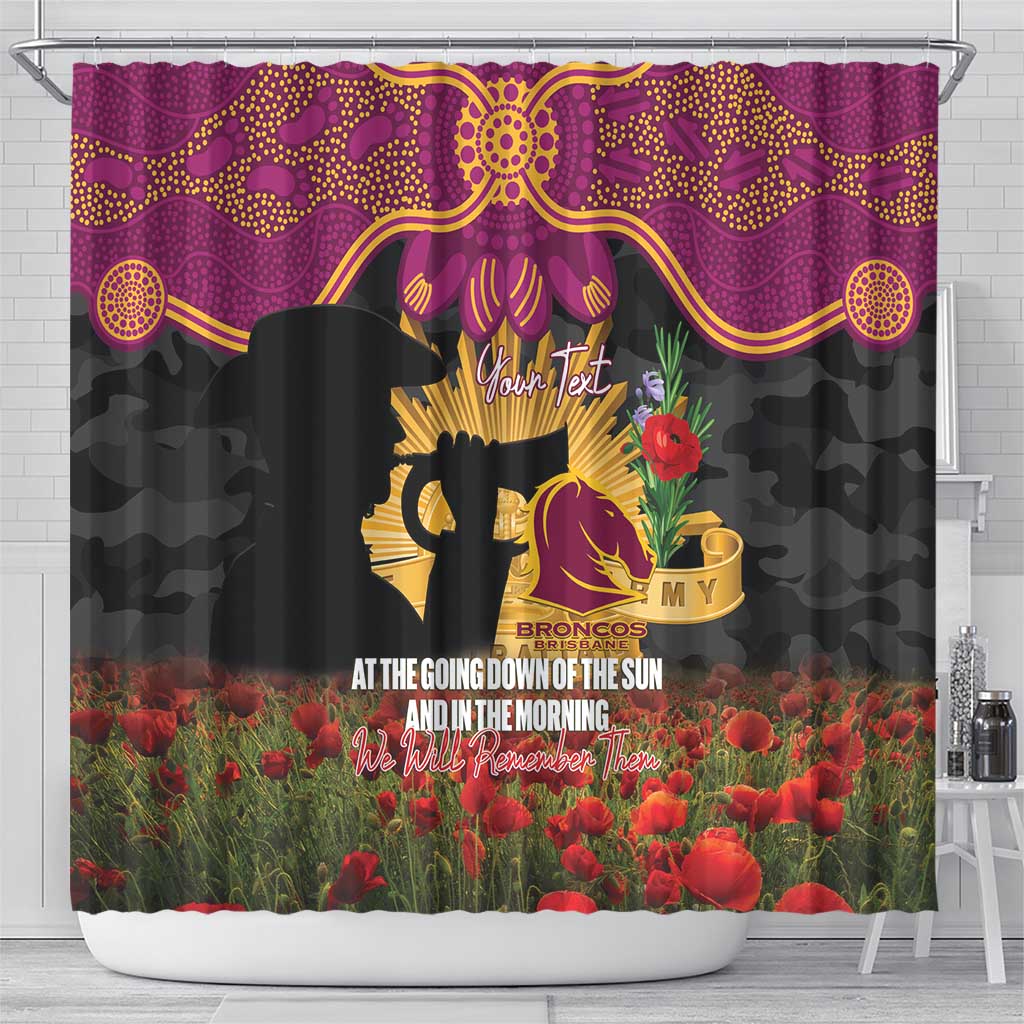 Personalised Brisbane Broncos Rugby ANZAC Day Shower Curtain Last Post Poppy We Will Remember Them