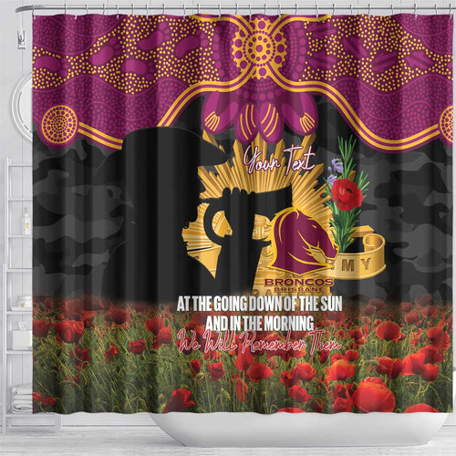 Personalised Brisbane Broncos Rugby ANZAC Day Shower Curtain Last Post Poppy We Will Remember Them