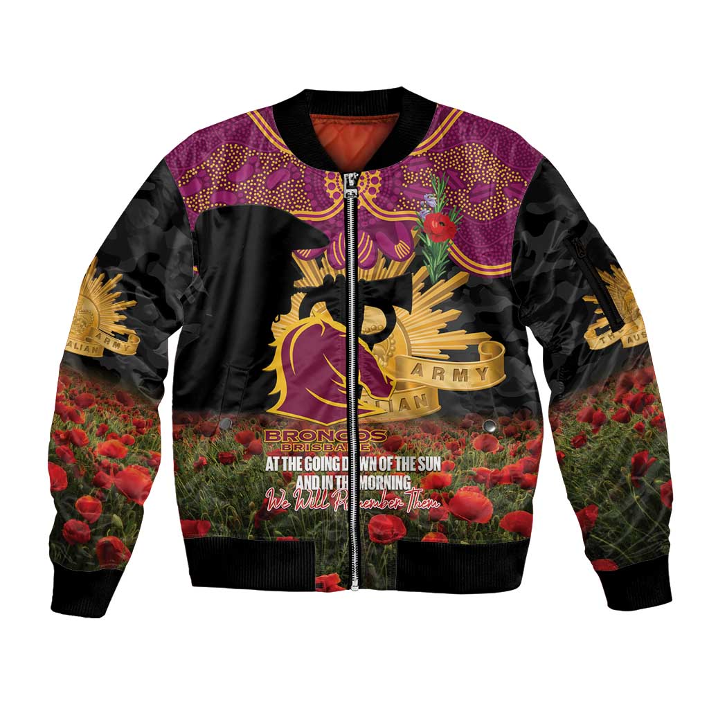 Personalised Brisbane Broncos Rugby ANZAC Day Sleeve Zip Bomber Jacket Last Post Poppy We Will Remember Them