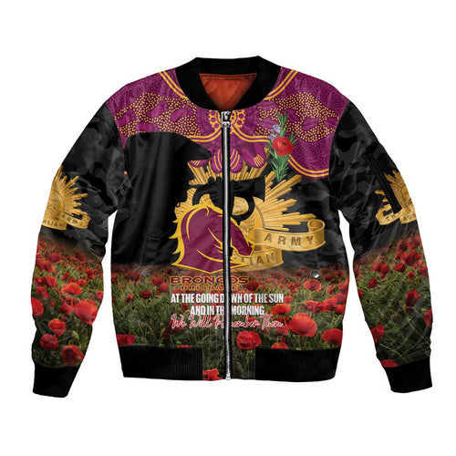 Personalised Brisbane Broncos Rugby ANZAC Day Sleeve Zip Bomber Jacket Last Post Poppy We Will Remember Them