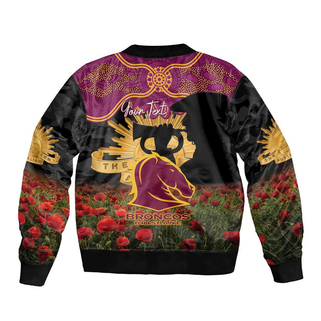 Personalised Brisbane Broncos Rugby ANZAC Day Sleeve Zip Bomber Jacket Last Post Poppy We Will Remember Them