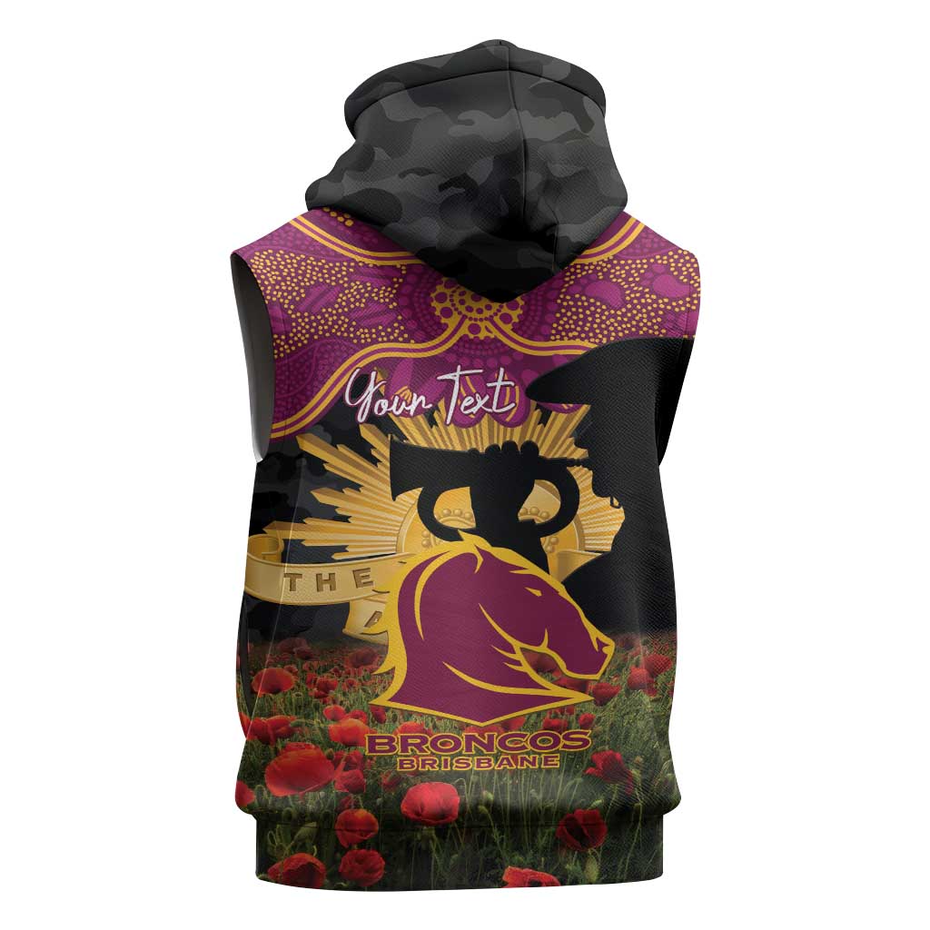 Personalised Brisbane Broncos Rugby ANZAC Day Sleeveless Hoodie Last Post Poppy We Will Remember Them