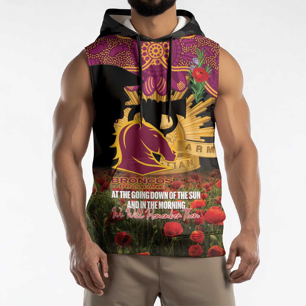Personalised Brisbane Broncos Rugby ANZAC Day Sleeveless Hoodie Last Post Poppy We Will Remember Them