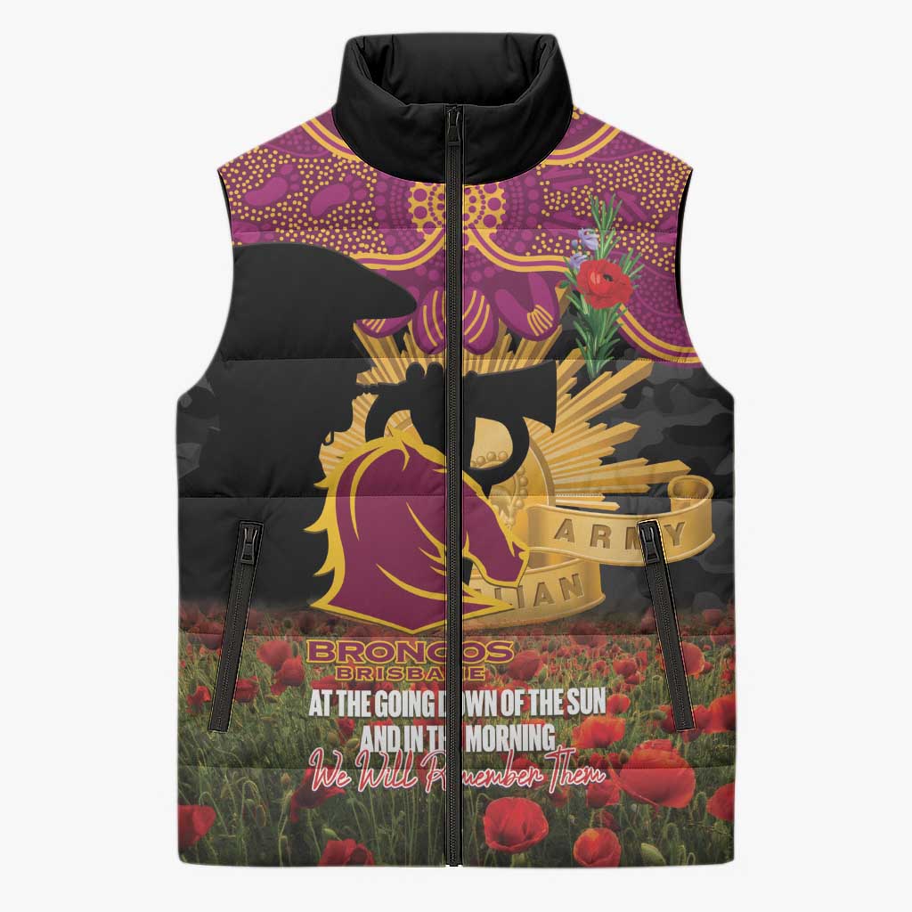 Personalised Brisbane Broncos Rugby ANZAC Day Sleeveless Puffer Jacket Last Post Poppy We Will Remember Them