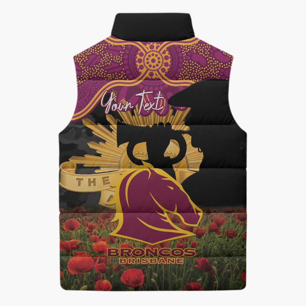 Personalised Brisbane Broncos Rugby ANZAC Day Sleeveless Puffer Jacket Last Post Poppy We Will Remember Them