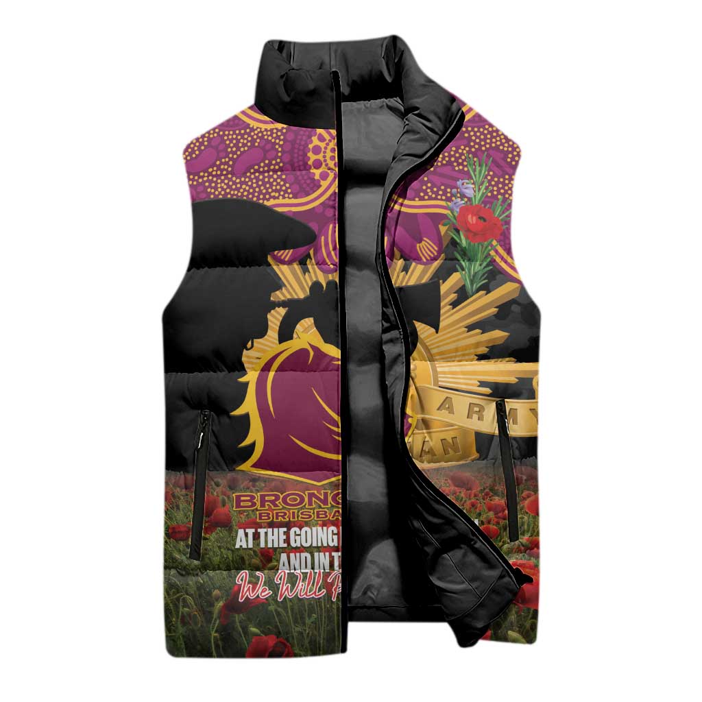 Personalised Brisbane Broncos Rugby ANZAC Day Sleeveless Puffer Jacket Last Post Poppy We Will Remember Them