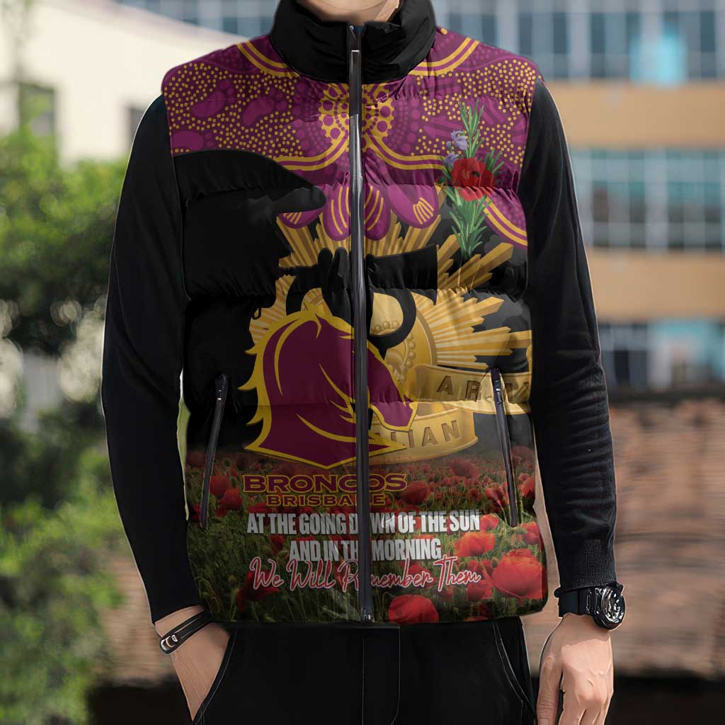 Personalised Brisbane Broncos Rugby ANZAC Day Sleeveless Puffer Jacket Last Post Poppy We Will Remember Them