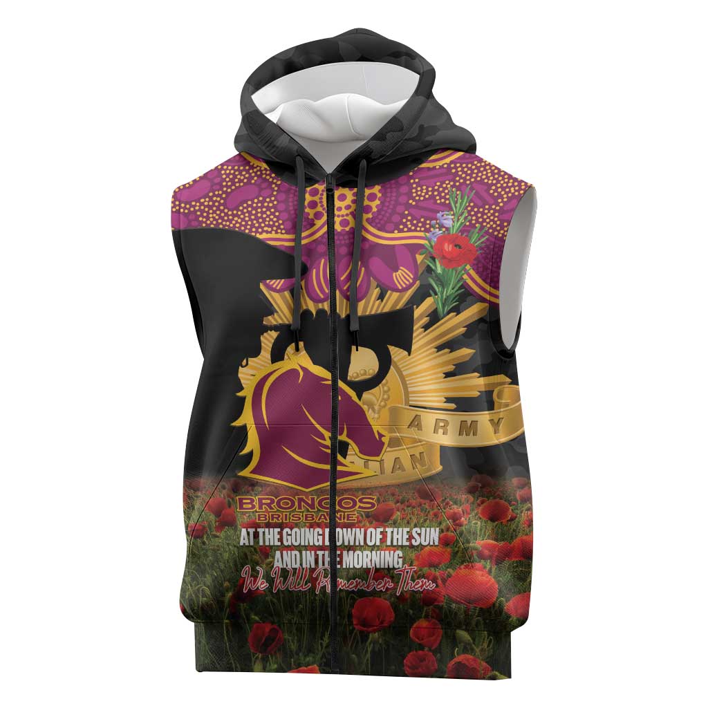 Personalised Brisbane Broncos Rugby ANZAC Day Sleeveless Zip Hoodie Last Post Poppy We Will Remember Them