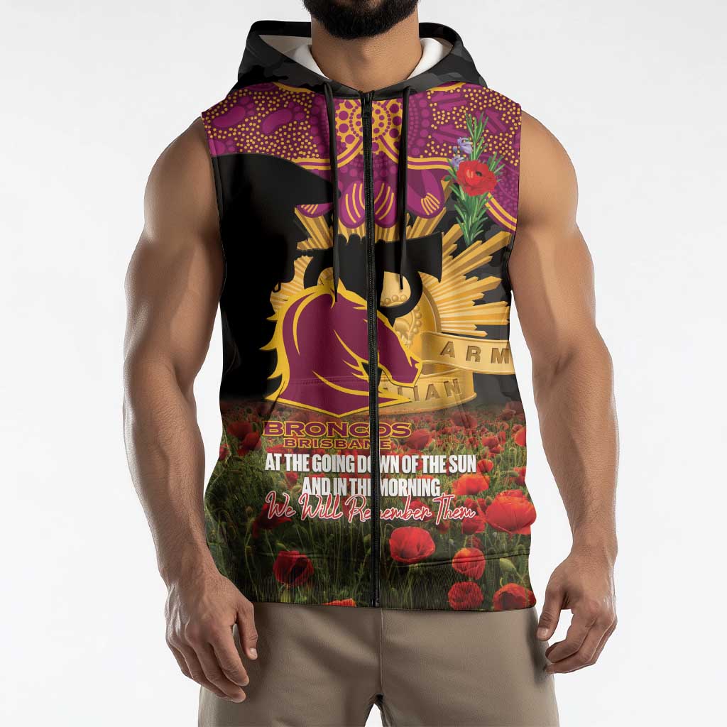 Personalised Brisbane Broncos Rugby ANZAC Day Sleeveless Zip Hoodie Last Post Poppy We Will Remember Them