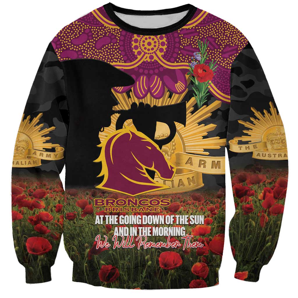 Personalised Brisbane Broncos Rugby ANZAC Day Sweatshirt Last Post Poppy We Will Remember Them