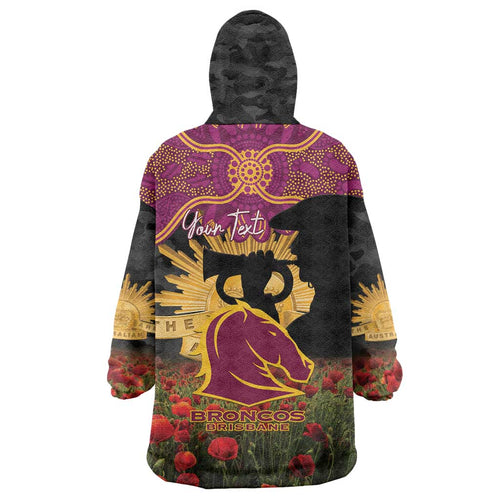 Personalised Brisbane Broncos Rugby ANZAC Day Wearable Blanket Hoodie Last Post Poppy We Will Remember Them