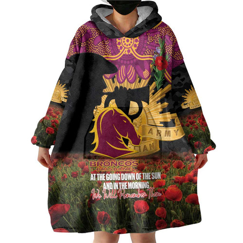 Personalised Brisbane Broncos Rugby ANZAC Day Wearable Blanket Hoodie Last Post Poppy We Will Remember Them