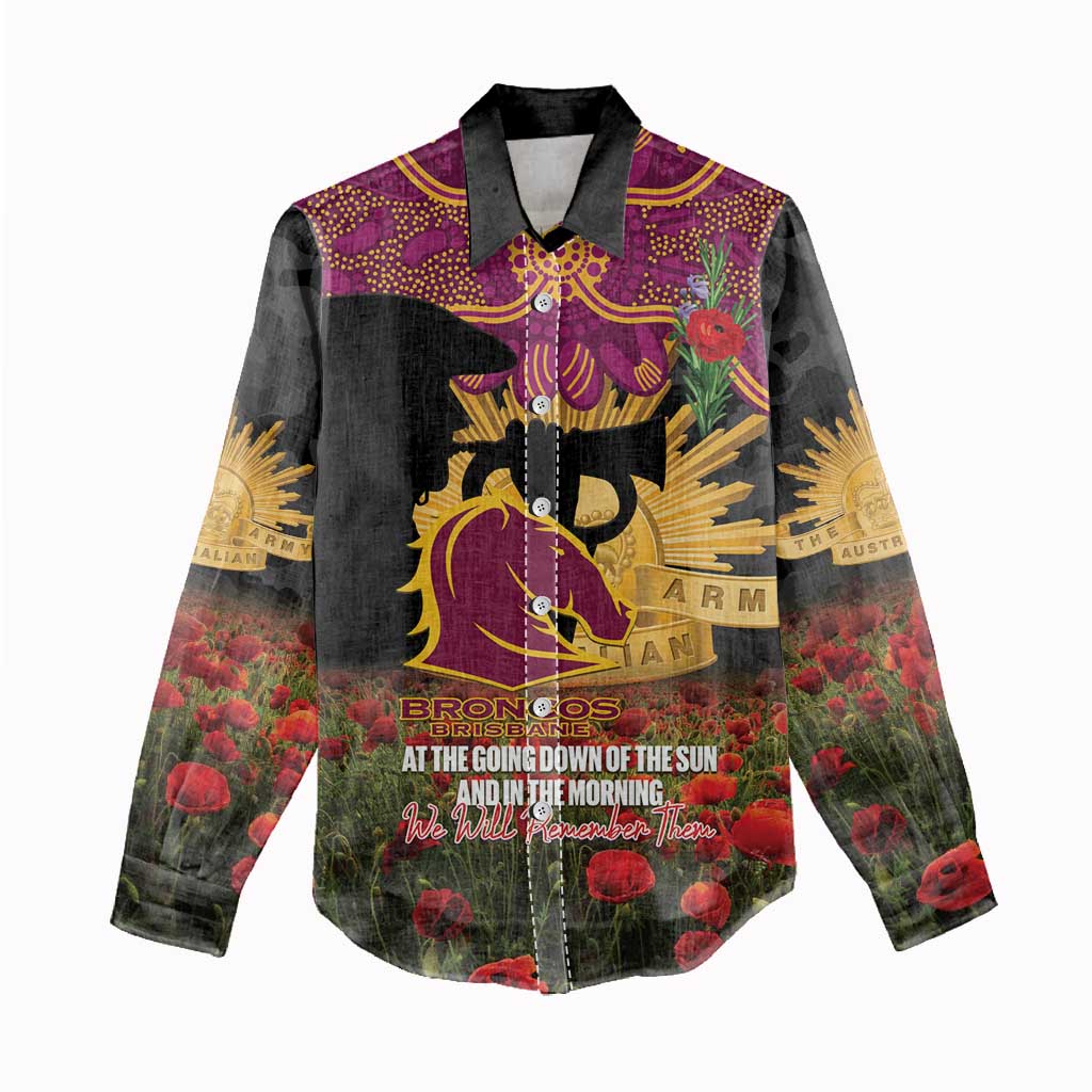 Personalised Brisbane Broncos Rugby ANZAC Day Women Casual Shirt Last Post Poppy We Will Remember Them