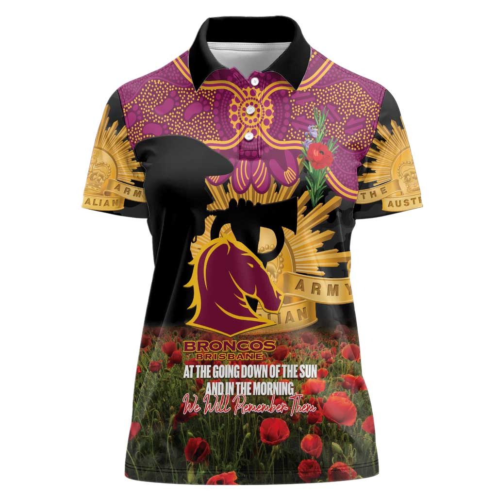 Personalised Brisbane Broncos Rugby ANZAC Day Women Polo Shirt Last Post Poppy We Will Remember Them