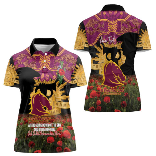 Personalised Brisbane Broncos Rugby ANZAC Day Women Polo Shirt Last Post Poppy We Will Remember Them