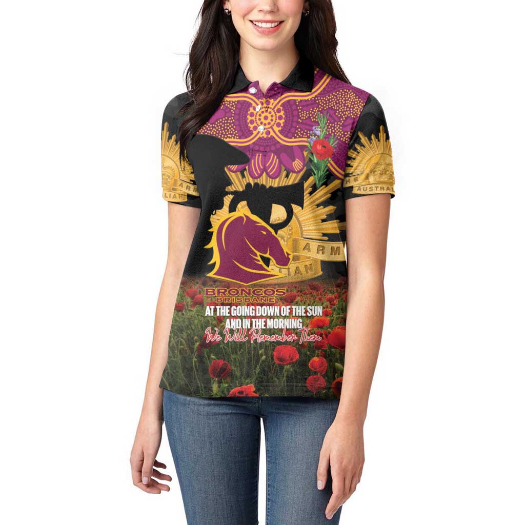 Personalised Brisbane Broncos Rugby ANZAC Day Women Polo Shirt Last Post Poppy We Will Remember Them