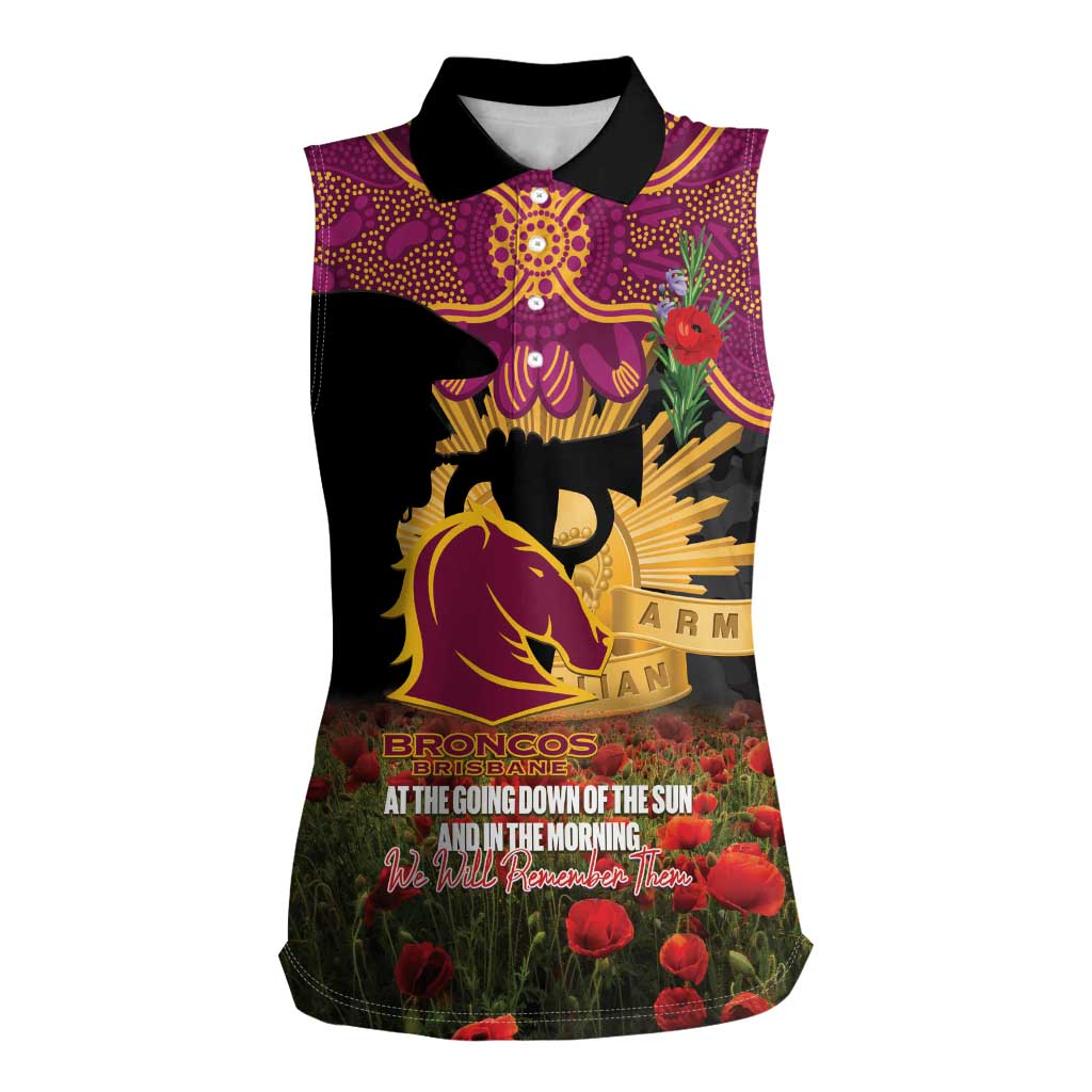 Personalised Brisbane Broncos Rugby ANZAC Day Women Sleeveless Polo Shirt Last Post Poppy We Will Remember Them