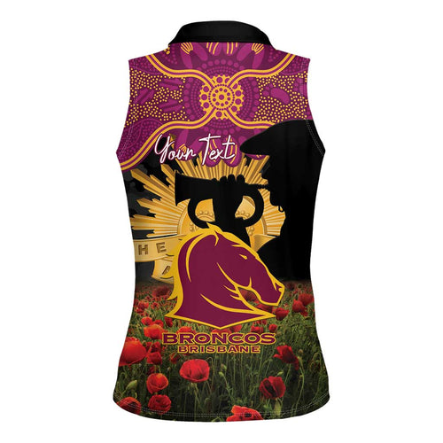 Personalised Brisbane Broncos Rugby ANZAC Day Women Sleeveless Polo Shirt Last Post Poppy We Will Remember Them