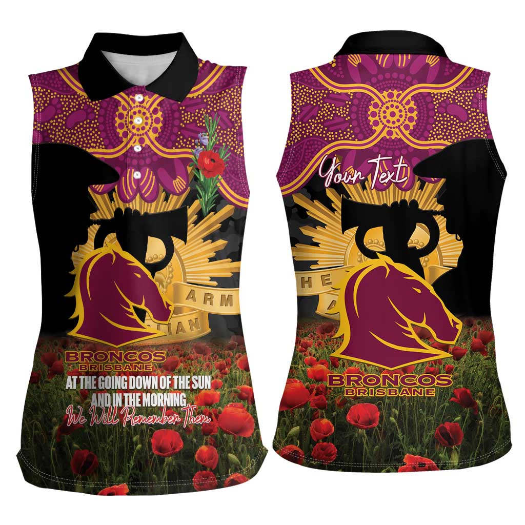 Personalised Brisbane Broncos Rugby ANZAC Day Women Sleeveless Polo Shirt Last Post Poppy We Will Remember Them