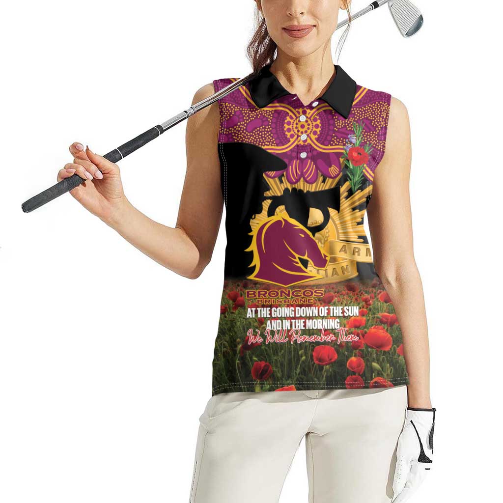 Personalised Brisbane Broncos Rugby ANZAC Day Women Sleeveless Polo Shirt Last Post Poppy We Will Remember Them