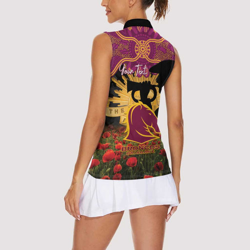 Personalised Brisbane Broncos Rugby ANZAC Day Women Sleeveless Polo Shirt Last Post Poppy We Will Remember Them