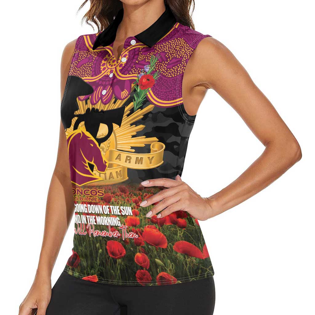 Personalised Brisbane Broncos Rugby ANZAC Day Women Sleeveless Polo Shirt Last Post Poppy We Will Remember Them