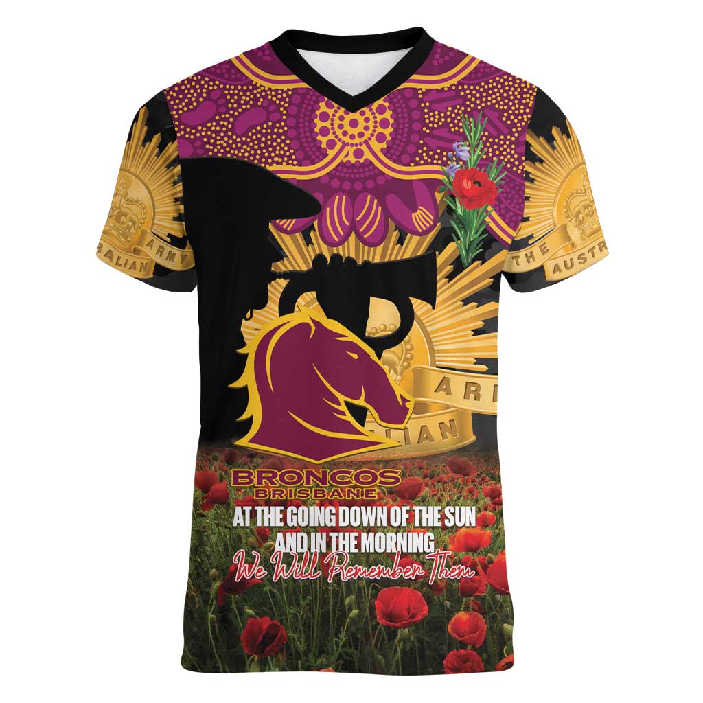 Personalised Brisbane Broncos Rugby ANZAC Day Women V-Neck T-Shirt Last Post Poppy We Will Remember Them