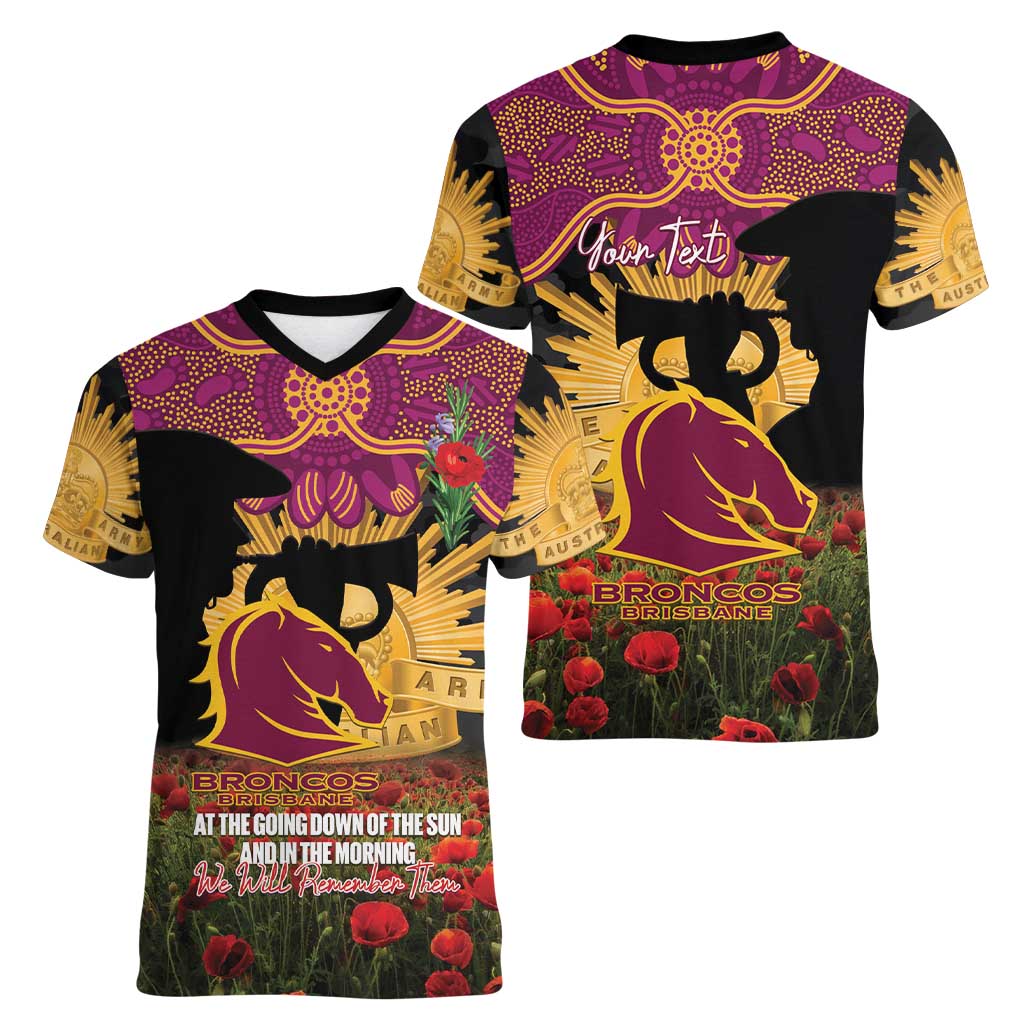 Personalised Brisbane Broncos Rugby ANZAC Day Women V-Neck T-Shirt Last Post Poppy We Will Remember Them