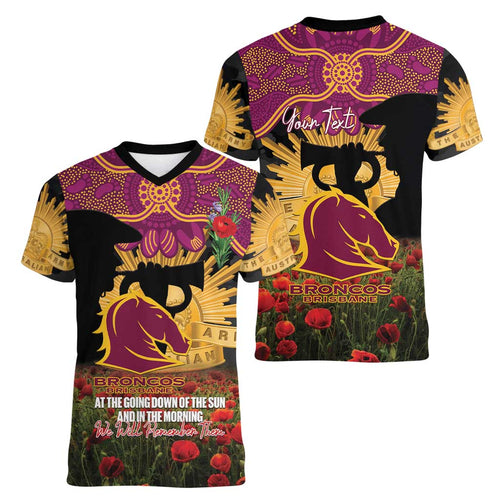Personalised Brisbane Broncos Rugby ANZAC Day Women V-Neck T-Shirt Last Post Poppy We Will Remember Them