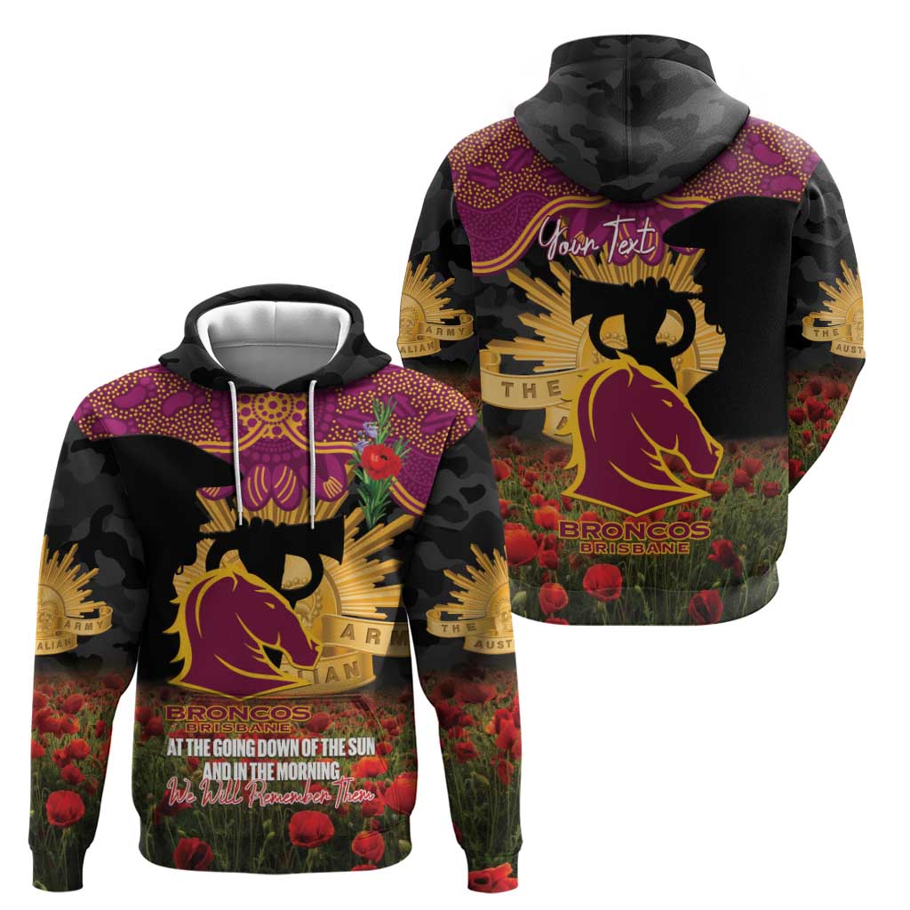 Personalised Brisbane Broncos Rugby ANZAC Day Zip Hoodie Last Post Poppy We Will Remember Them