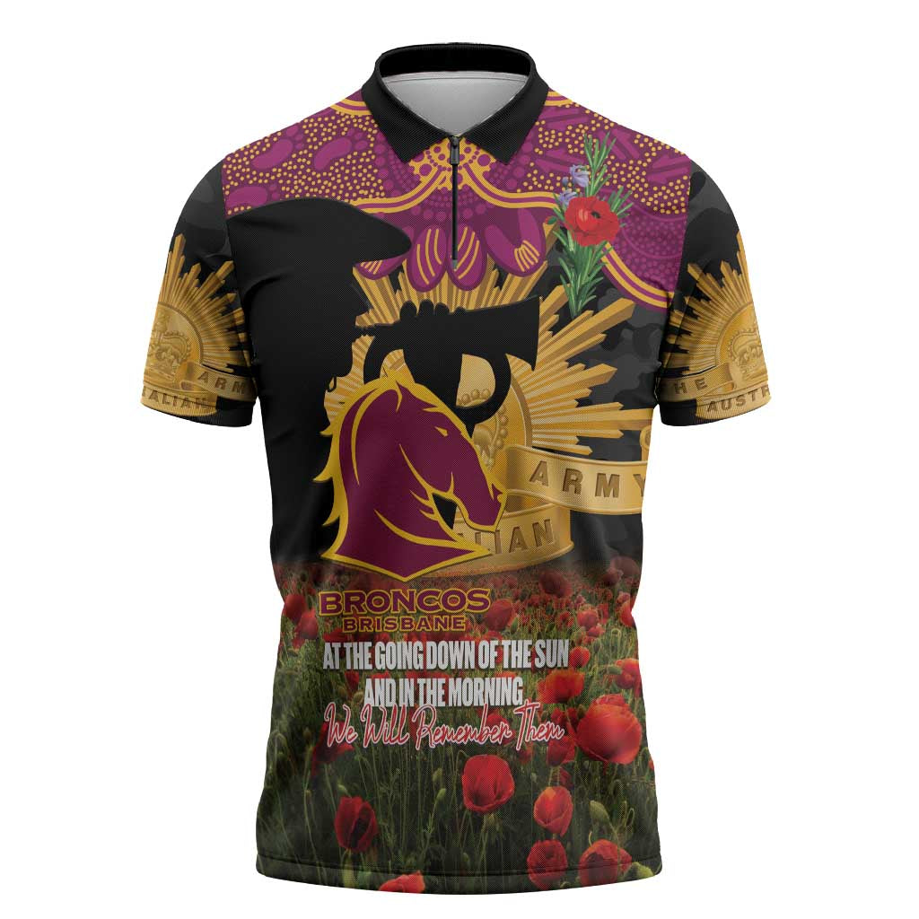 Personalised Brisbane Broncos Rugby ANZAC Day Zipper Polo Shirt Last Post Poppy We Will Remember Them