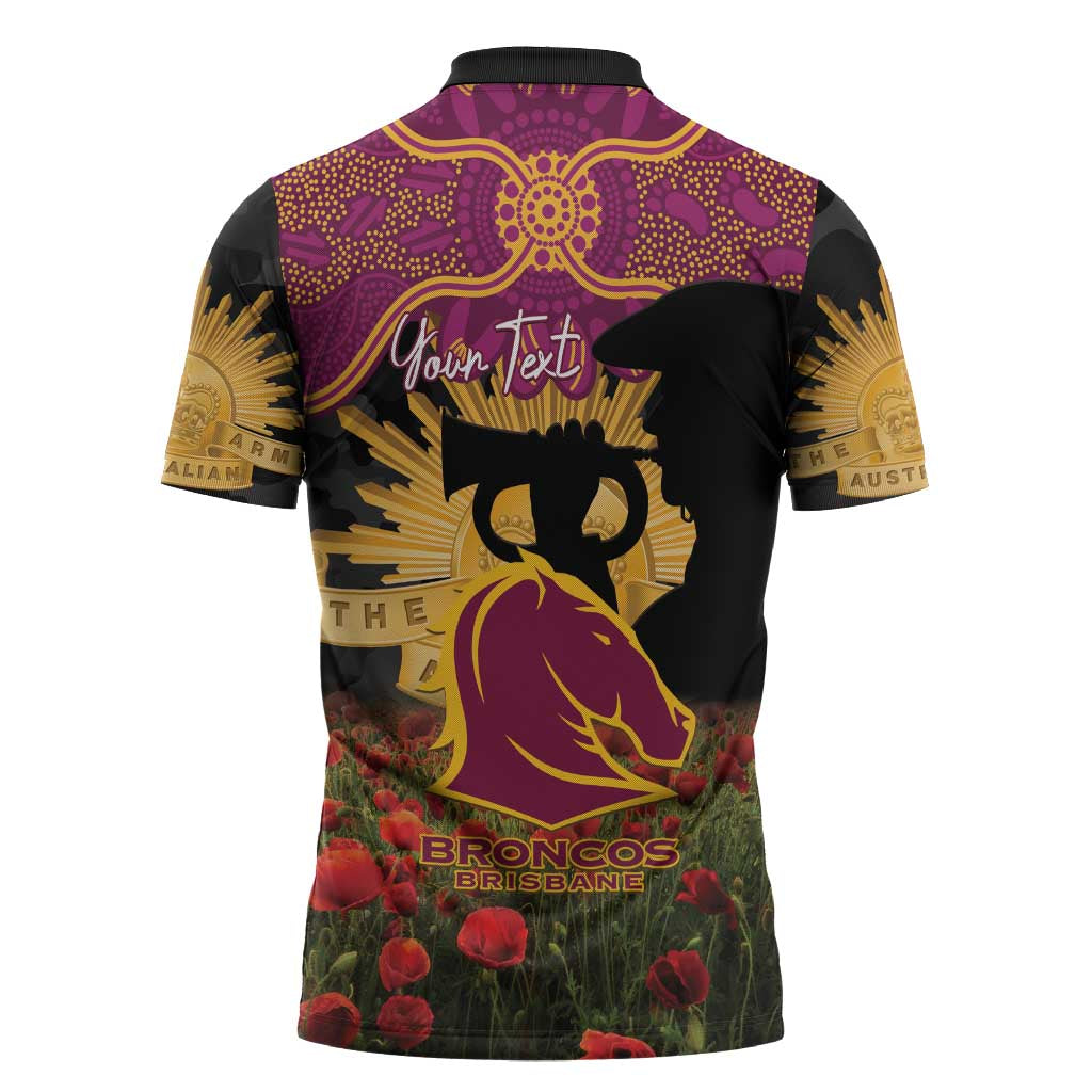 Personalised Brisbane Broncos Rugby ANZAC Day Zipper Polo Shirt Last Post Poppy We Will Remember Them