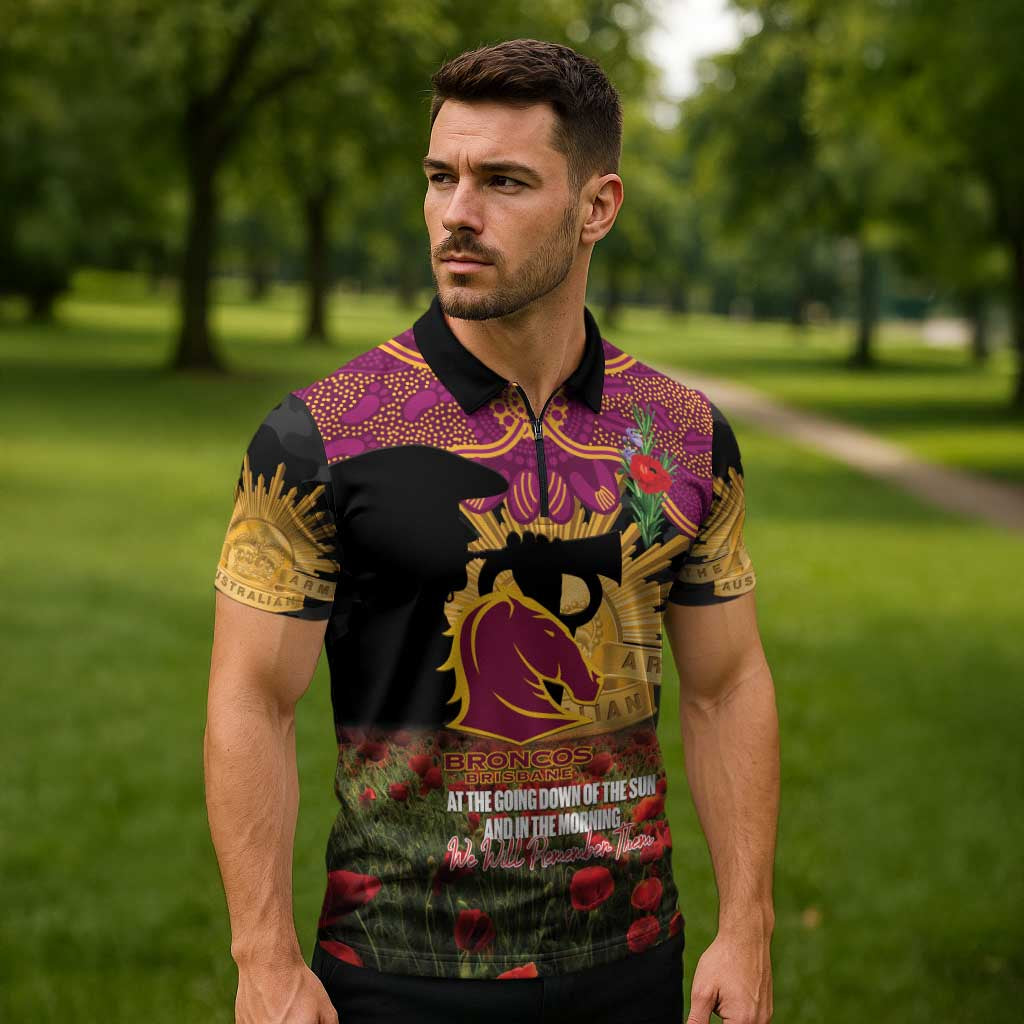 Personalised Brisbane Broncos Rugby ANZAC Day Zipper Polo Shirt Last Post Poppy We Will Remember Them