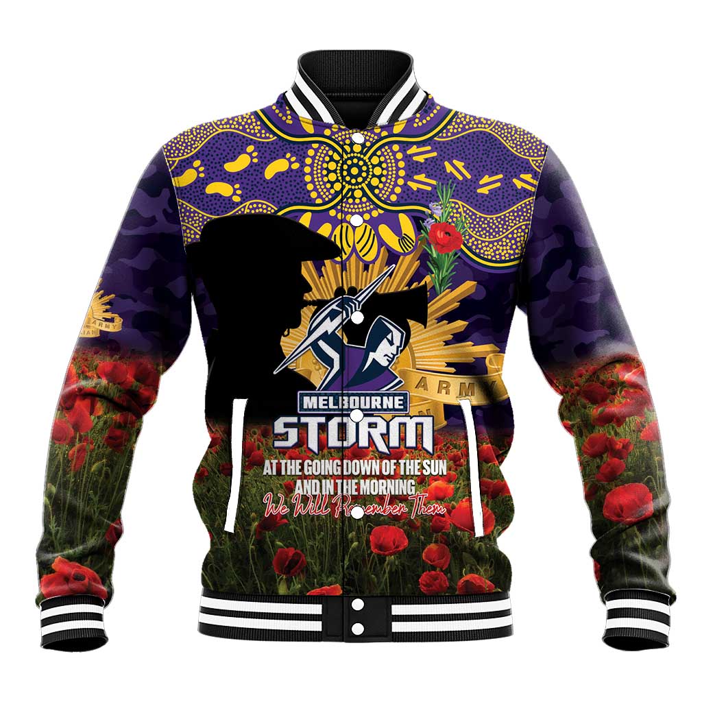 Personalised Melbourne Storm Rugby ANZAC Day Baseball Jacket Last Post Poppy We Will Remember Them