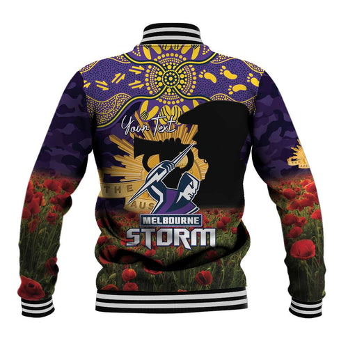 Personalised Melbourne Storm Rugby ANZAC Day Baseball Jacket Last Post Poppy We Will Remember Them