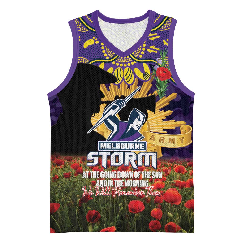 Personalised Melbourne Storm Rugby ANZAC Day Basketball Jersey Last Post Poppy We Will Remember Them