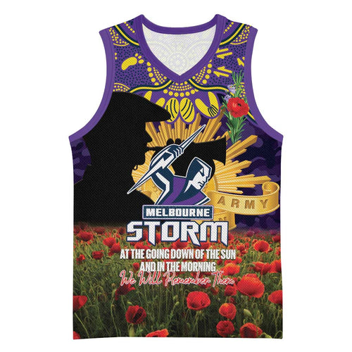 Personalised Melbourne Storm Rugby ANZAC Day Basketball Jersey Last Post Poppy We Will Remember Them