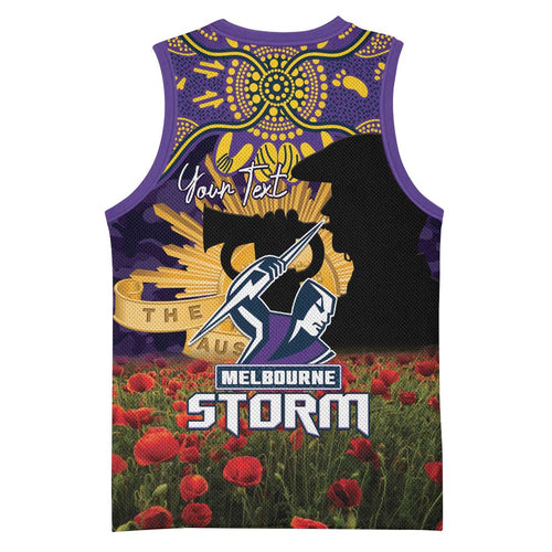 Personalised Melbourne Storm Rugby ANZAC Day Basketball Jersey Last Post Poppy We Will Remember Them