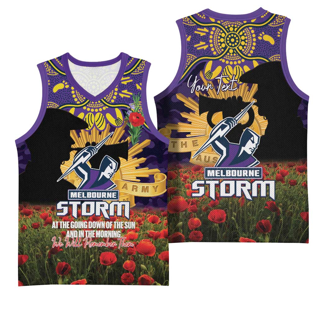 Personalised Melbourne Storm Rugby ANZAC Day Basketball Jersey Last Post Poppy We Will Remember Them