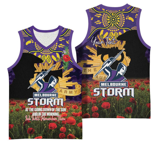 Personalised Melbourne Storm Rugby ANZAC Day Basketball Jersey Last Post Poppy We Will Remember Them