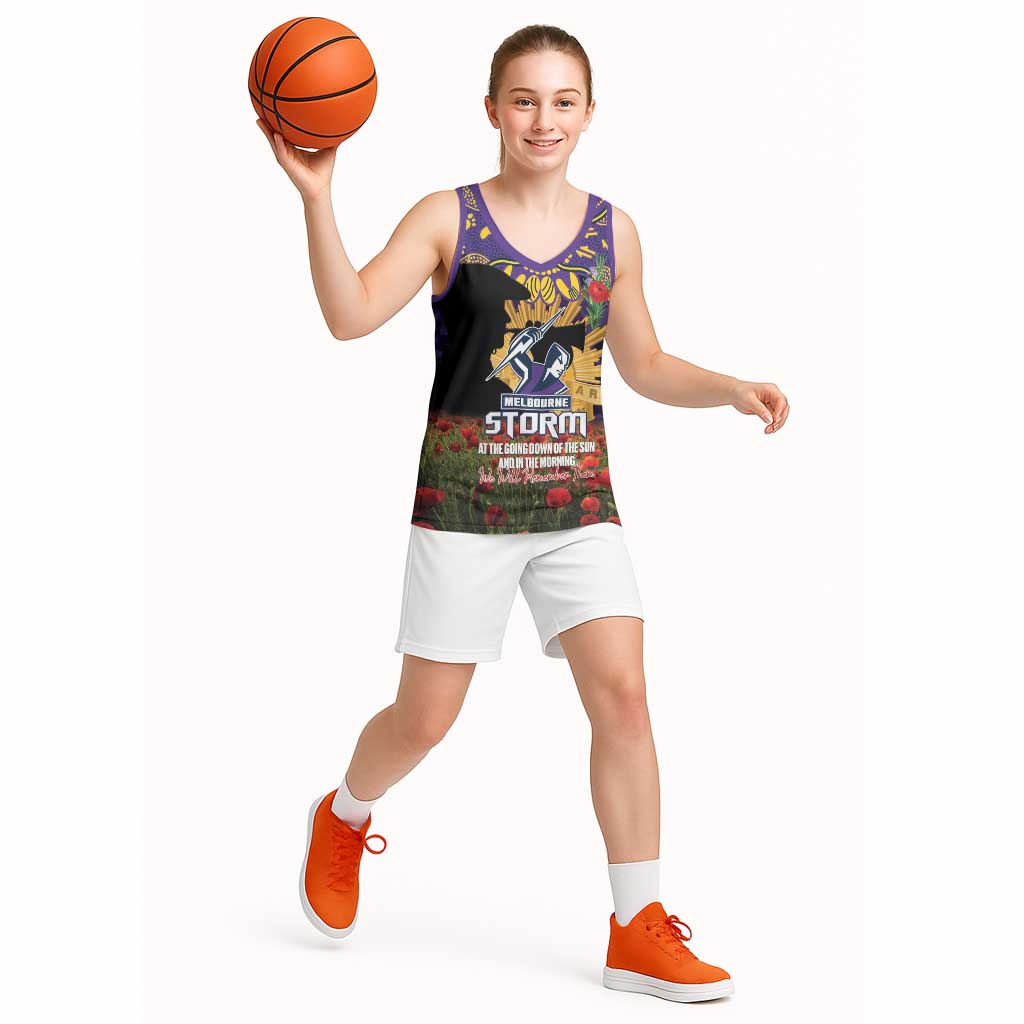 Personalised Melbourne Storm Rugby ANZAC Day Basketball Jersey Last Post Poppy We Will Remember Them