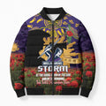 Personalised Melbourne Storm Rugby ANZAC Day Bomber Puffer Jacket Last Post Poppy We Will Remember Them