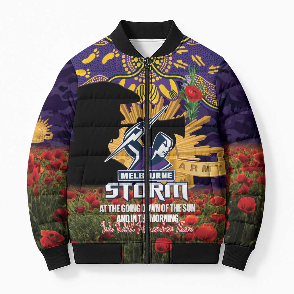 Personalised Melbourne Storm Rugby ANZAC Day Bomber Puffer Jacket Last Post Poppy We Will Remember Them