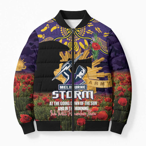 Personalised Melbourne Storm Rugby ANZAC Day Bomber Puffer Jacket Last Post Poppy We Will Remember Them