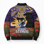 Personalised Melbourne Storm Rugby ANZAC Day Bomber Puffer Jacket Last Post Poppy We Will Remember Them